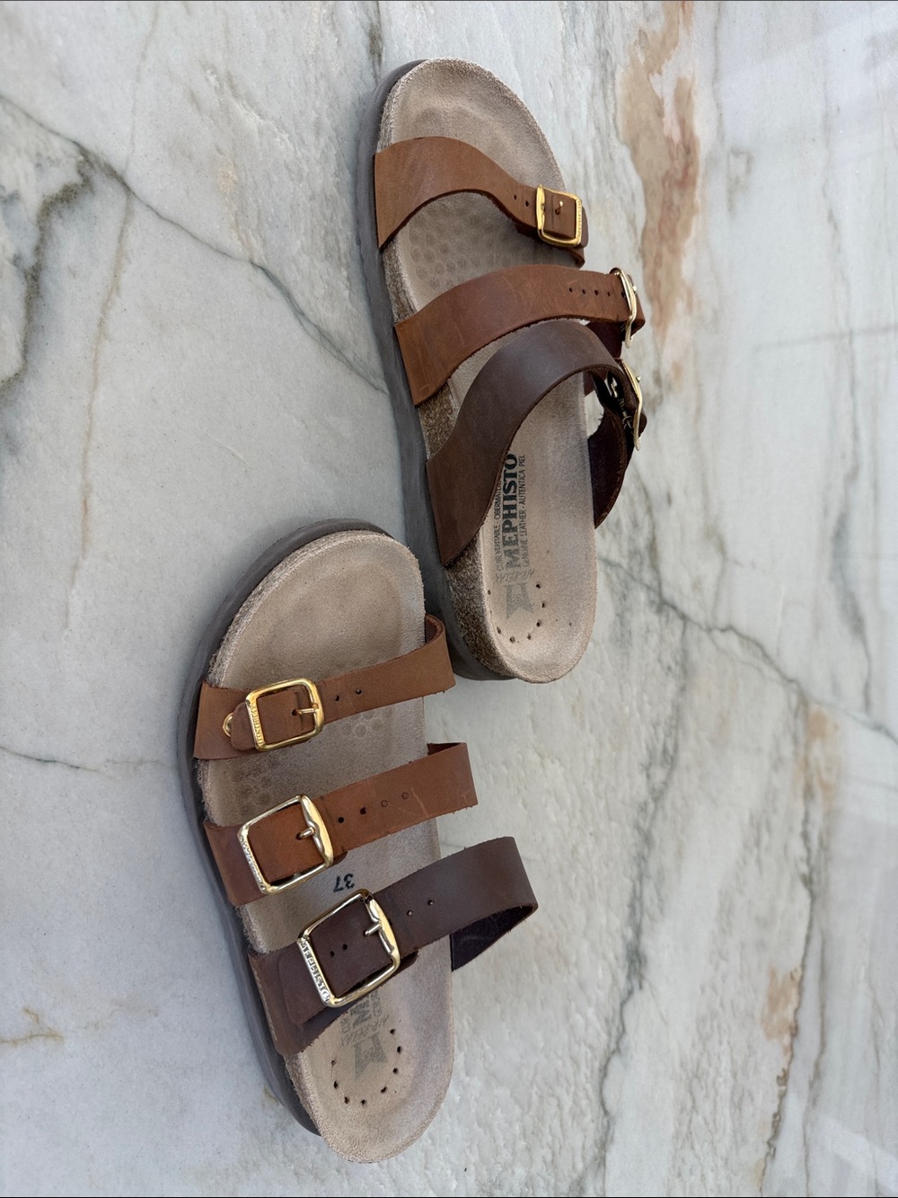 Mephisto Women’s Brown Triple-Strap Sandals with Gold Buckles - Picture 4 of 13